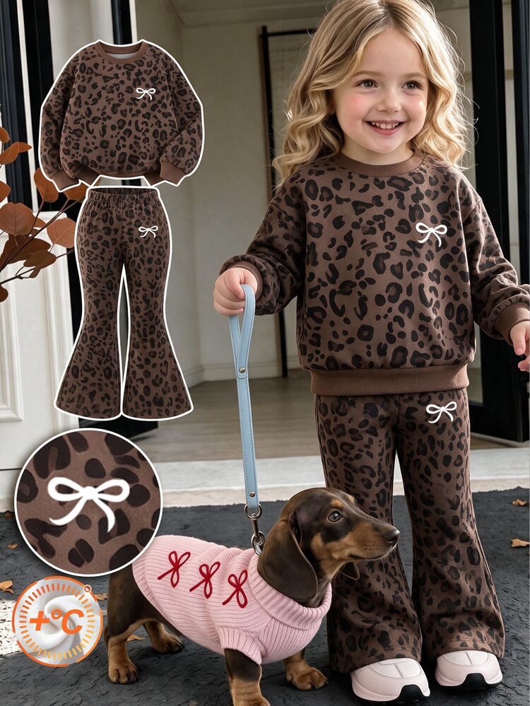 4-7 Years Old Girls Fashion Sweatshirt Set Leopard Print & Bow Digital Printed Crew Neck Sweatshirt, Paired With Leopard Print Flare Pants, Suitable For Indoor And Outdoor Wear In Autumn And Winter - Multicolor - View 1