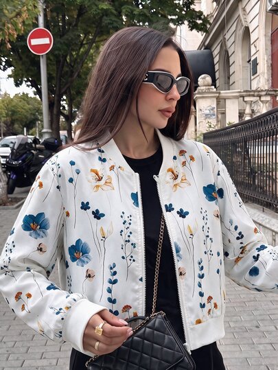 Teen Girls Floral Print Jacket Casual White Crop Zip Up Long Sleeve Outerwear Coat
