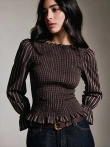COSMINA Women's Casual Elegant Commute Striped Shirt - Brown - View 1