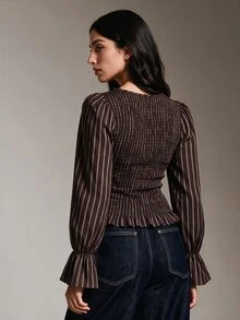 COSMINA Women's Casual Elegant Commute Striped Shirt - Brown - View 2