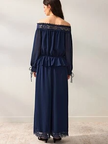 Willow Rêve Women's Navy Blue Wide Leg Jumpsuit,Floral Lace Trim,Cold Shoulder,Front Buttons,Ruffle Cinched Waist,Autumn Western Elegant,Cocktail Party,Jumpsuit - Blue - View 2