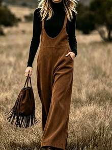 RosyDaze Suede-Effect Jumpsuit Suitable For Spring/Summer And Autumn/Winterperfect For Seaside Vacations, Leisure, And Rustic-Bohemian Style. - Brown - View 2