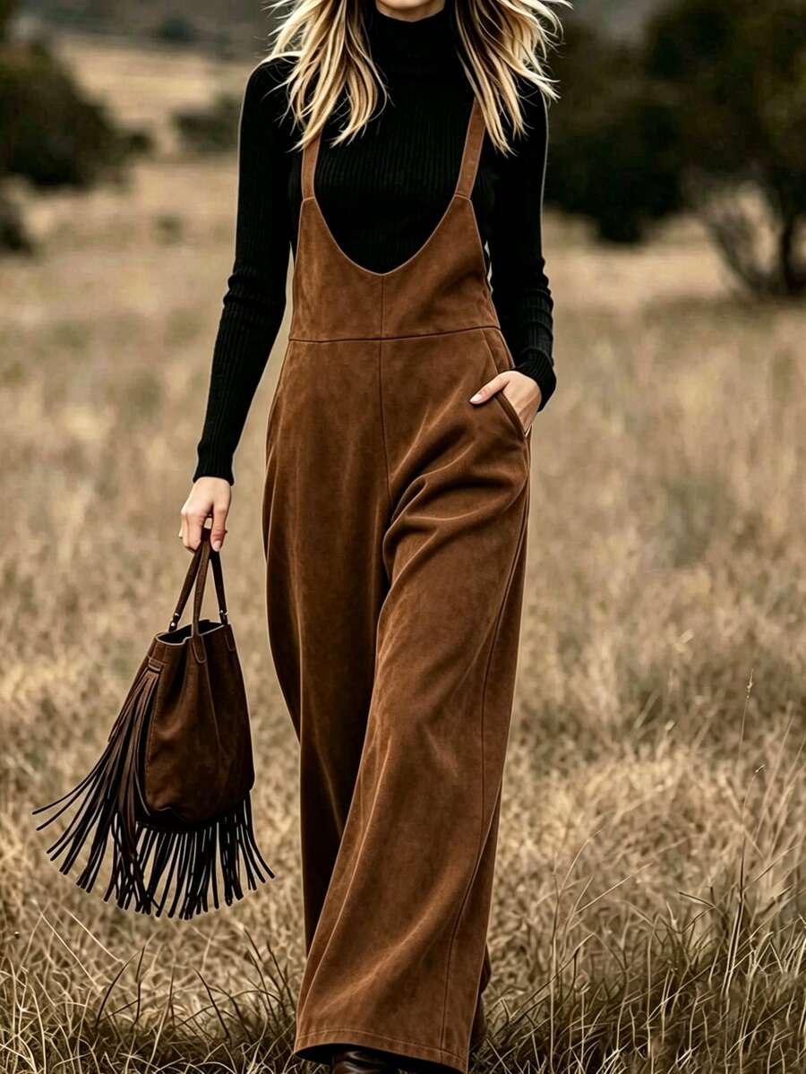 RosyDaze Suede-Effect Jumpsuit Suitable For Spring/Summer And Autumn/Winterperfect For Seaside Vacations, Leisure, And Rustic-Bohemian Style.