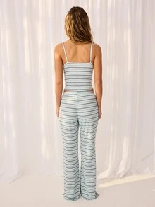 Aralina Sleepwear Women 2pcs Yarn Dyed Stripe Cami And Wide Leg Pant Two Pieces Sleep Cosy Lounge Set - Blue - View 2