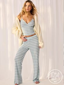 Aralina Sleepwear Women 2pcs Yarn Dyed Stripe Cami And Wide Leg Pant Two Pieces Sleep Cosy Lounge Set - Blue - View 3