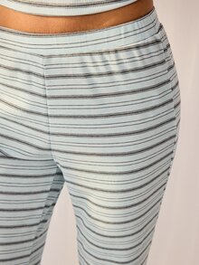 Aralina Sleepwear Women 2pcs Yarn Dyed Stripe Cami And Wide Leg Pant Two Pieces Sleep Cosy Lounge Set - Blue - View 10
