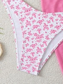 SHEIN Swim 女士 3 件套吊带露背短款上衣、碎花纱笼裙、系带比基尼夏季 - 粉色 - 查看 5