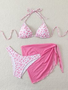 SHEIN Swim 女士 3 件套吊带露背短款上衣、碎花纱笼裙、系带比基尼夏季 - 粉色 - 查看 4