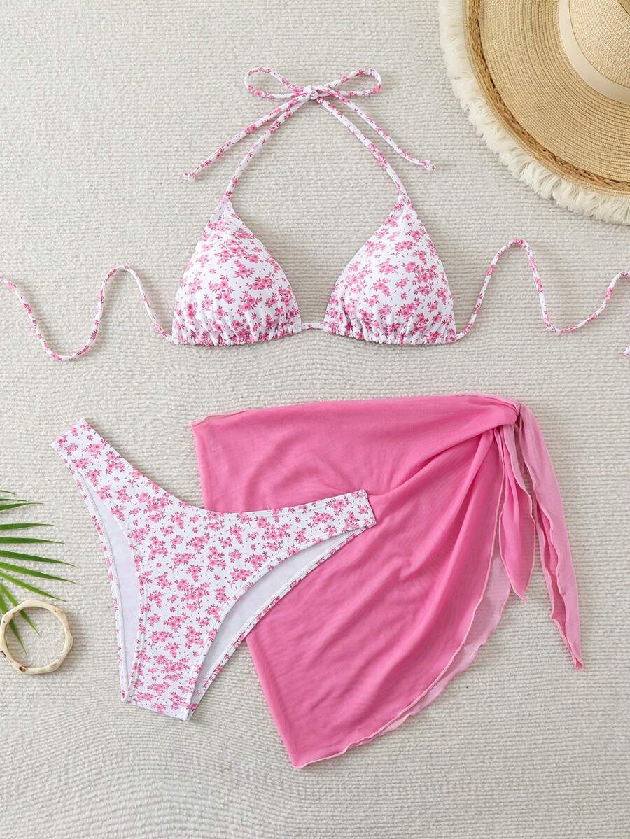 SHEIN Swim 女士 3 件套吊带露背短款上衣、碎花纱笼裙、系带比基尼夏季