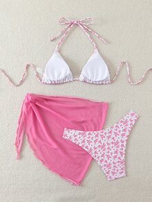SHEIN Swim 女士 3 件套吊带露背短款上衣、碎花纱笼裙、系带比基尼夏季 - 粉色 - 查看 3