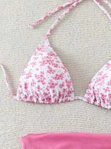 SHEIN Swim 女士 3 件套吊带露背短款上衣、碎花纱笼裙、系带比基尼夏季 - 粉色 - 查看 7