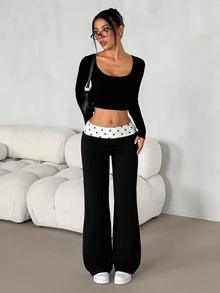 SHEIN PETITE Heart Print Wide Leg Pants - Black - View 6