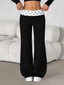 SHEIN PETITE Heart Print Wide Leg Pants - Black - View 3