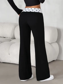 SHEIN PETITE Heart Print Wide Leg Pants - Black - View 2