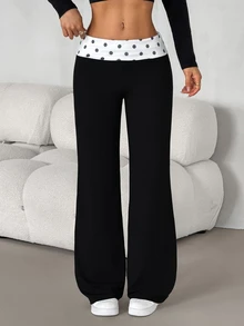 SHEIN PETITE Heart Print Wide Leg Pants - Black - View 8