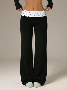 SHEIN PETITE Heart Print Wide Leg Pants - Black - View 9