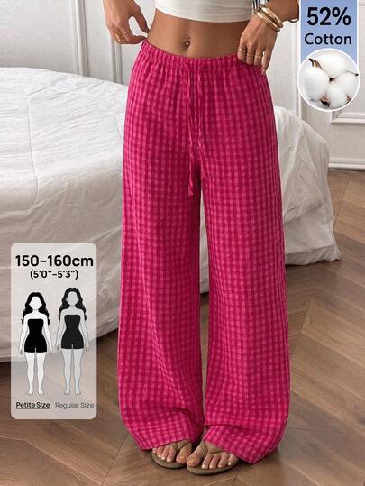 SHEIN PETITE Women's Plaid Casual Cute Long Pants, Suitable For Autumn Beach Vacation And Home Leisure, Y2K Fashion Music Festival Style, Comfortable Country Red Plaid