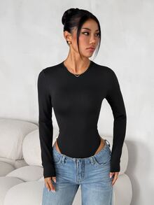 SHEIN PETITE 女款純色修身百搭日常穿著長袖連身衣 - 黑色 - 查看 4