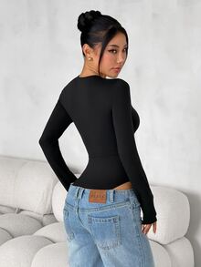 SHEIN PETITE 女款純色修身百搭日常穿著長袖連身衣 - 黑色 - 查看 2