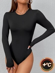SHEIN PETITE 女款純色修身百搭日常穿著長袖連身衣 - 黑色 - 查看 9