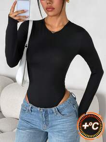 SHEIN PETITE 女款純色修身百搭日常穿著長袖連身衣 - 黑色 - 查看 8