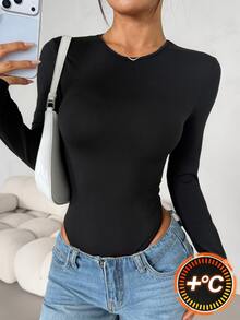 SHEIN PETITE 女款純色修身百搭日常穿著長袖連身衣 - 黑色 - 查看 1