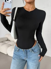 SHEIN PETITE 女款純色修身百搭日常穿著長袖連身衣 - 黑色 - 查看 3