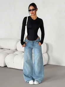 SHEIN PETITE 女款純色修身百搭日常穿著長袖連身衣 - 黑色 - 查看 6