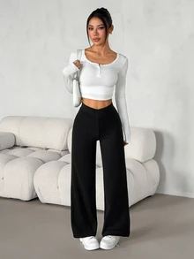 SHEIN PETITE Damers enfärgade långbyxor med överlappande design, hög midja och avslappnad lös passform - Svart - Visa 4