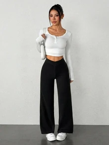 SHEIN PETITE Damers enfärgade långbyxor med överlappande design, hög midja och avslappnad lös passform - Svart - Visa 11