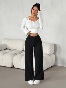 SHEIN PETITE Damers enfärgade långbyxor med överlappande design, hög midja och avslappnad lös passform - Svart - Visa 6