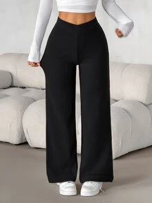 SHEIN PETITE Damers enfärgade långbyxor med överlappande design, hög midja och avslappnad lös passform - Svart - Visa 5