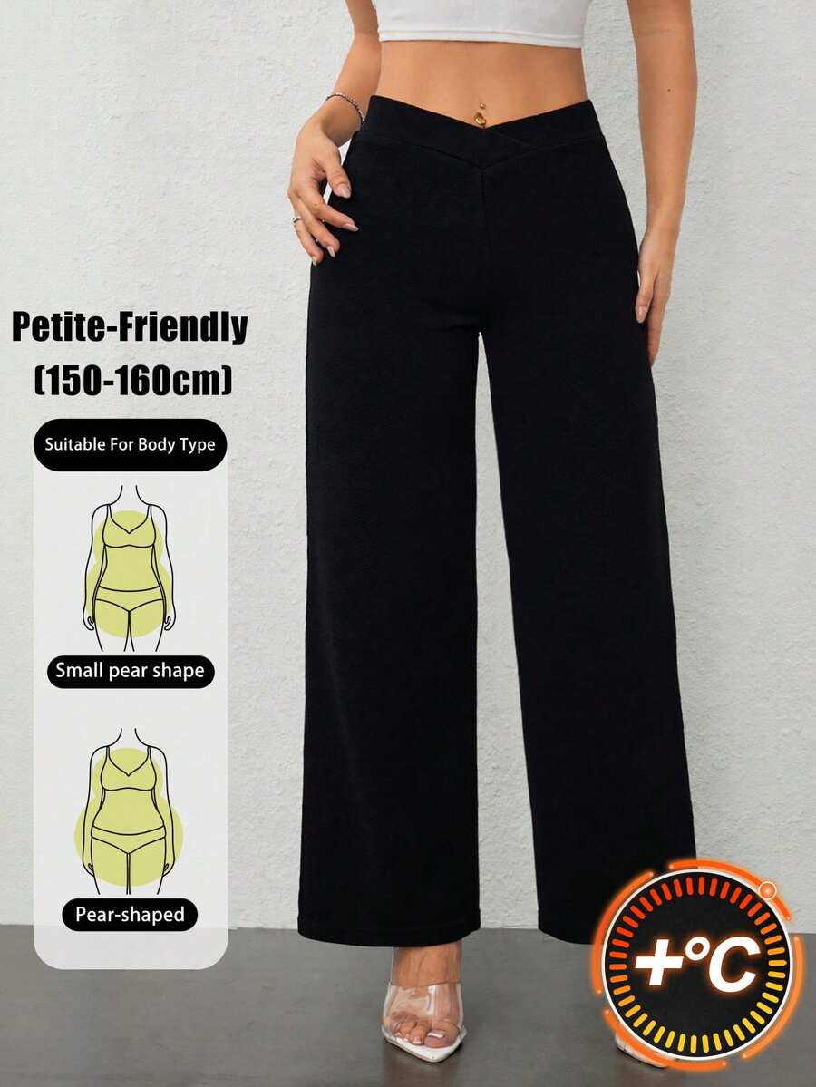 SHEIN PETITE Celana Panjang Wanita Warna Polos Desain Tumpang Tindih Pinggang Tinggi Longgar Kasual - Hitam - View 1