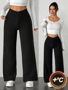 SHEIN PETITE Damers enfärgade långbyxor med överlappande design, hög midja och avslappnad lös passform - Svart - Visa 9