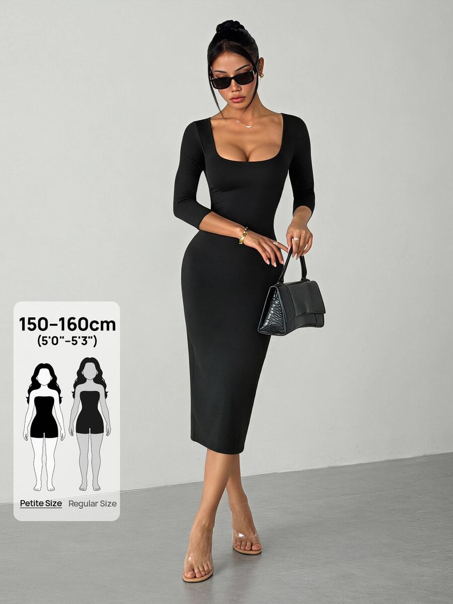 SHEIN PETITE Đầm ôm body cổ vuông trơn - màu đen - Xem 1