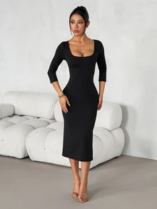SHEIN PETITE Đầm ôm body cổ vuông trơn - màu đen - Xem 7