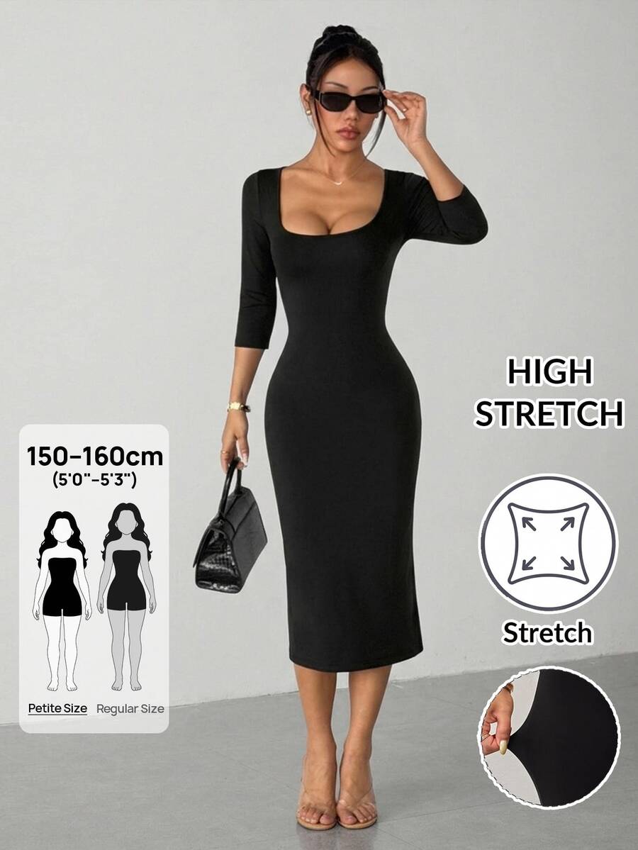 SHEIN PETITE Solid Square Neck Bodycon Dress - Black - View 1