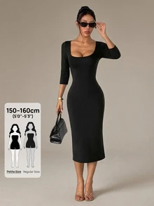 SHEIN PETITE Đầm ôm body cổ vuông trơn - màu đen - Xem 13