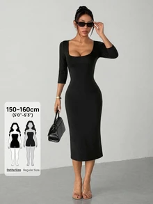 SHEIN PETITE Đầm ôm body cổ vuông trơn - màu đen - Xem 9