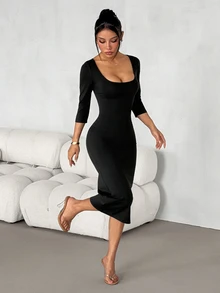 SHEIN PETITE Đầm ôm body cổ vuông trơn - màu đen - Xem 5