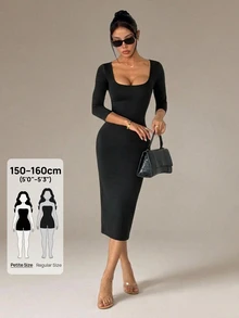 SHEIN PETITE Đầm ôm body cổ vuông trơn - màu đen - Xem 12