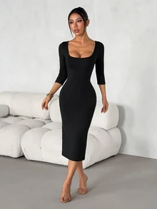 SHEIN PETITE Đầm ôm body cổ vuông trơn - màu đen - Xem 6