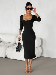 SHEIN PETITE Đầm ôm body cổ vuông trơn - màu đen - Xem 8