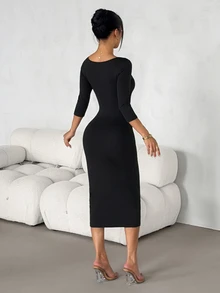 SHEIN PETITE Đầm ôm body cổ vuông trơn - màu đen - Xem 2