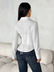 SHEIN PETITE Women's Solid Color Front Button Long Sleeve Casual Shirt (White, Suitable For Petite Body Type) - White - View 2