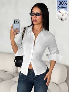 SHEIN PETITE Women's Solid Color Front Button Long Sleeve Casual Shirt (White, Suitable For Petite Body Type) - White - View 8
