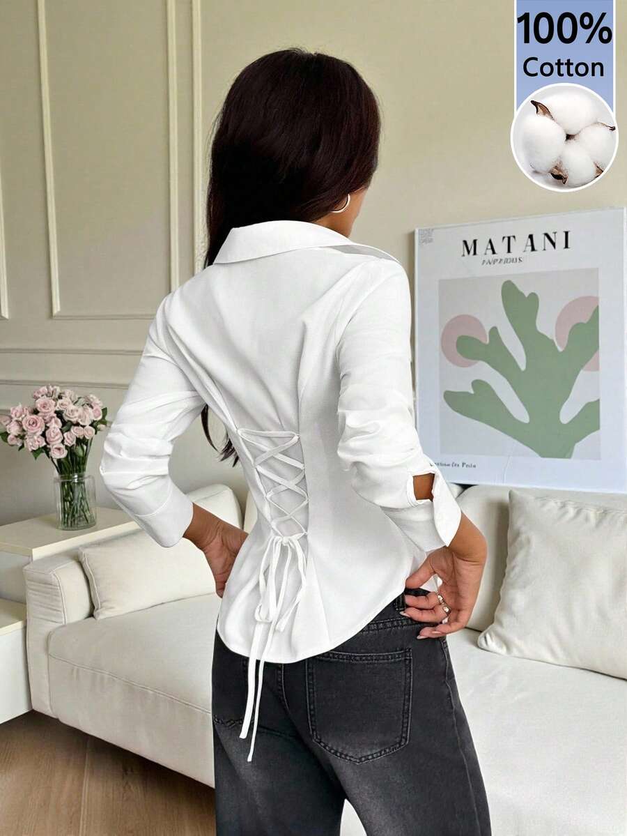 SHEIN PETITE Kemeja Kasual Lengan Panjang Kancing Depan Warna Polos untuk Wanita (Putih, Cocok untuk Tipe Tubuh Mungil) - Putih - View 1