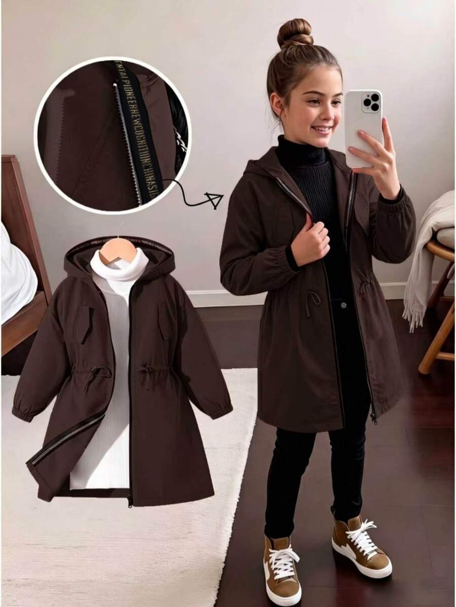 SHEIN Elladie kids Tween女孩 粉色收腰連帽字母裝飾運動休閒可調腰口袋夾克，秋季服飾，秋季，返校，學校