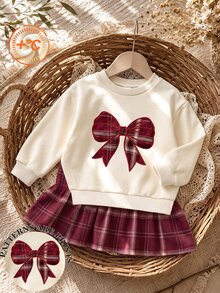 Gaun Anak Perempuan Usia 4-7 Tahun, Gaun Sweatshirt Leher Bulat dengan Hiasan Pita Lucu, Desain Hem Kotak-kotak, Gaya Manis, Gaya Preppy, Cocok untuk Pakaian Musim Gugur/Musim Dingin - MultiWarna - View 5