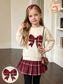 Gaun Anak Perempuan Usia 4-7 Tahun, Gaun Sweatshirt Leher Bulat dengan Hiasan Pita Lucu, Desain Hem Kotak-kotak, Gaya Manis, Gaya Preppy, Cocok untuk Pakaian Musim Gugur/Musim Dingin - MultiWarna - View 7